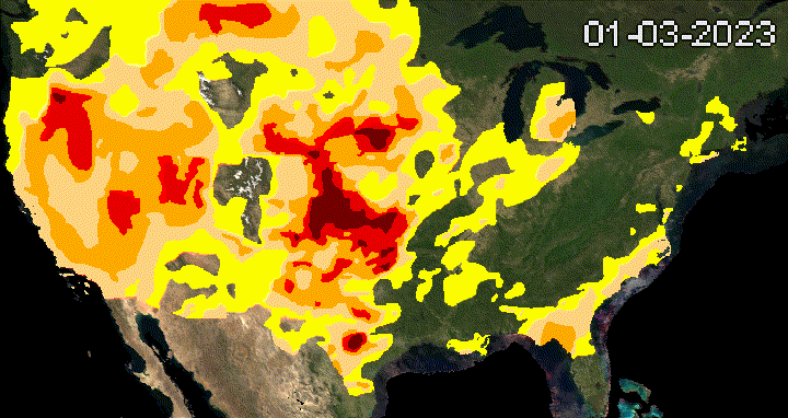 This image shows an animation of the territory of the United States with the variation of areas that are receiving drought alerts.