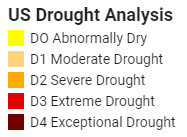 Esta imagem mostra a legenda da animação da imagem com os alertas de seca. A legenda contém o título US Drought Analysis e o itens D0 Abnomally Dry, D1 Moredate  Drought, D2 Severe  Drought, D3 Extreme Drought, e D4 Exceptional Drought.